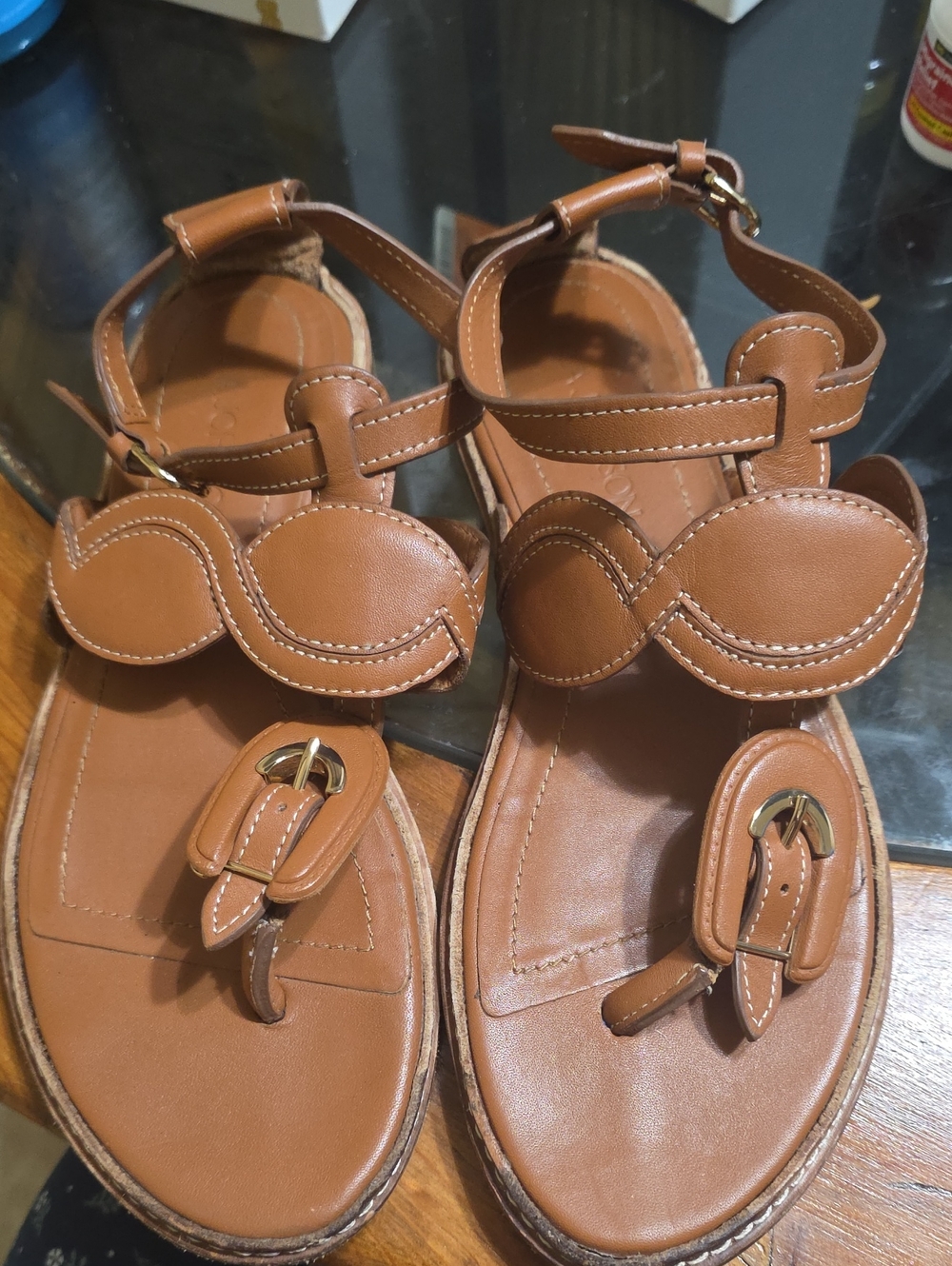 Ulla Johnson Tan Leather Scalloped-Strap Toe-Loop Sandals